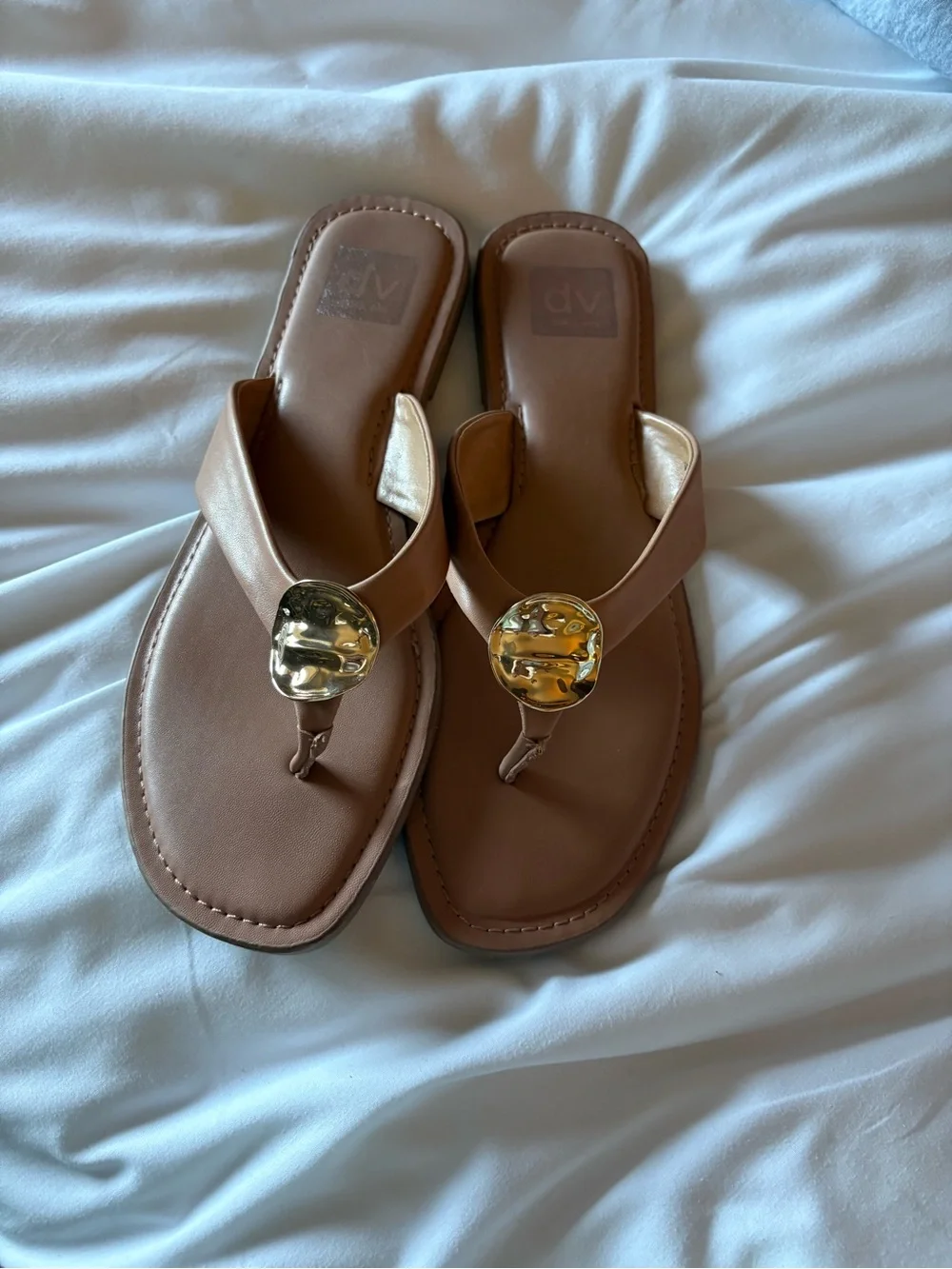 DV by Dolce Vita Tan Toe-Post Sandals with Gold Accent
